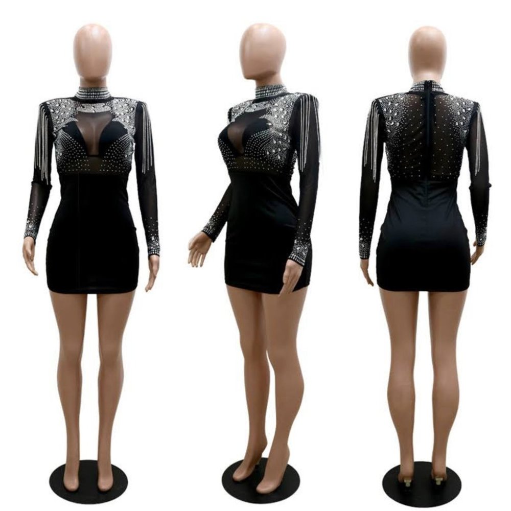 Sexy Bodycon Club Mini Sequins Mesh Long Sleeve Tassels Pad Shoulder Dress SizeM